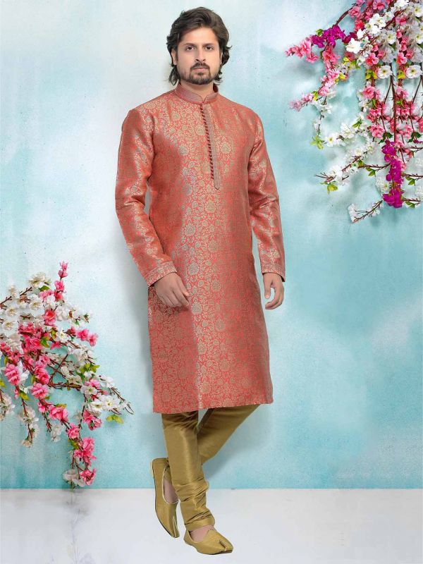 Peach Colour Men's Kurta Pajama in Jacquard,Brocade Silk Fabric.