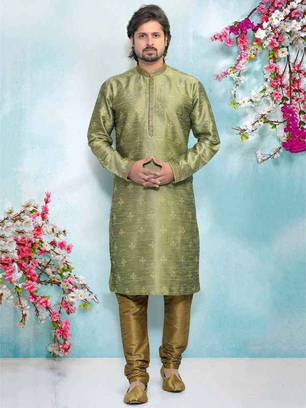 Green Brocade Silk Men's Kurta Pajama.