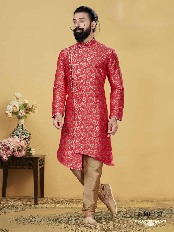 Red Colour in Jacquard Silk Indo Style Kurta.