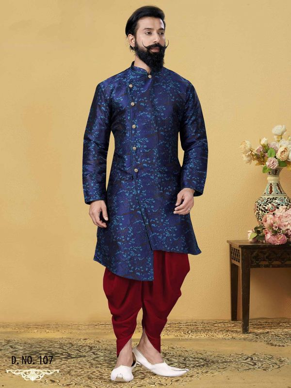 Blue Colour Silk Men Indowestern Style Kurta Dhoti.