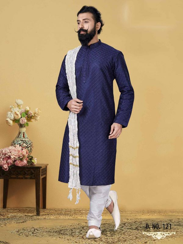 Royal Blue Colour Silk Party Wear Kurta Pajama.