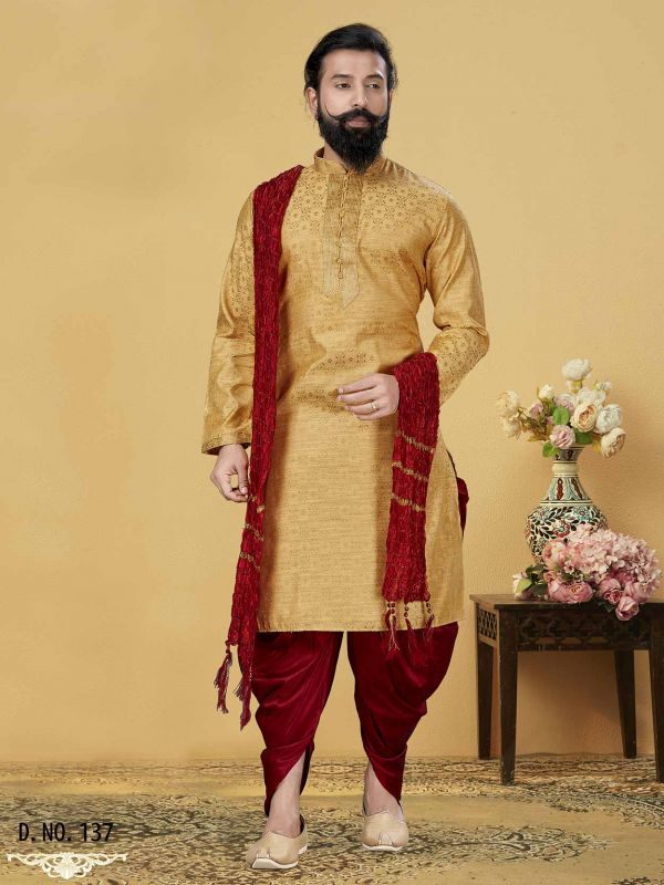 Mustard Yellow Colour Jacquard,Silk Wedding Kurta Pajama.