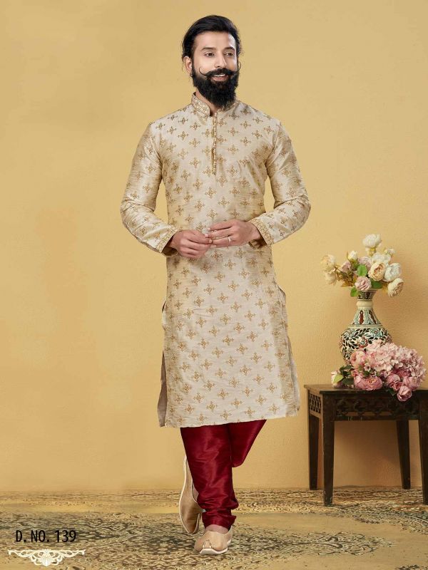 Beige,Golden Colour Dupion Silk Men's Designer Kurta Pajama.
