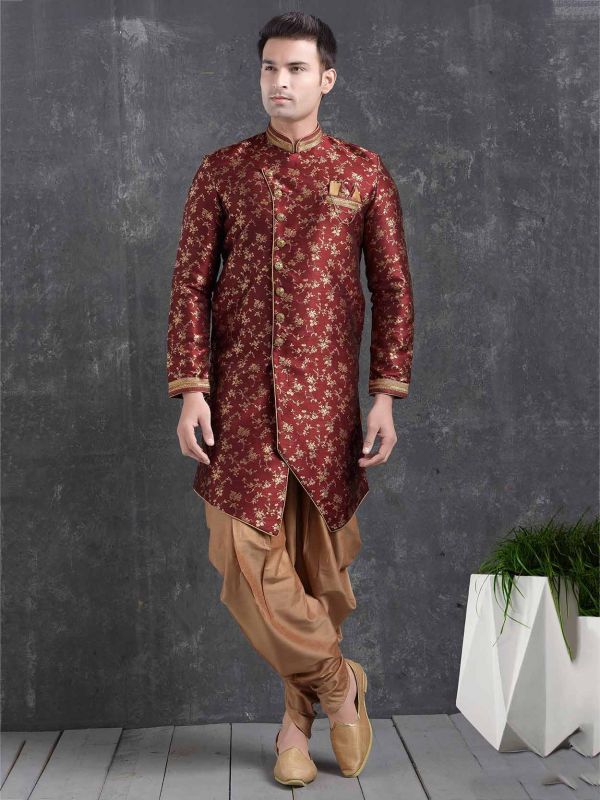 Maroon Colour Jacquard,Brocade Silk Semi Indo.