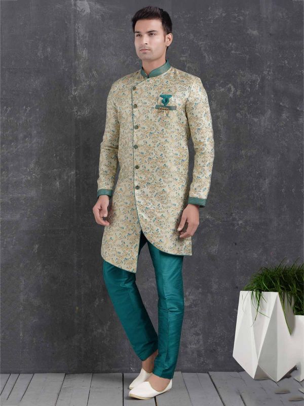 Cream Colour Jacquard,Brocade Silk Men's Indowestern.