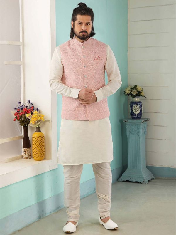 Pink,Cream Colour Banarasi Silk Designer Kurta Pajama Jacket.