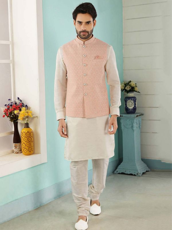 Peach,Cream Colour Banarasi Silk Men's Kurta Pajama Jacket.