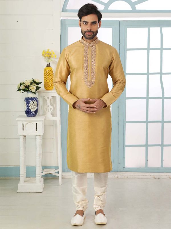 Golden in Banarasi Silk Fabric Designer Kurta Pajama.