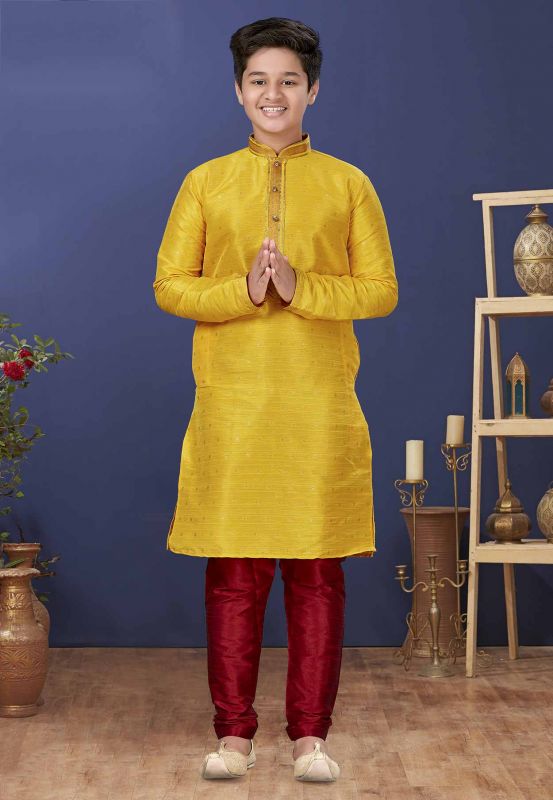 Yellow Colour Silk Kids Kurta Pajama.