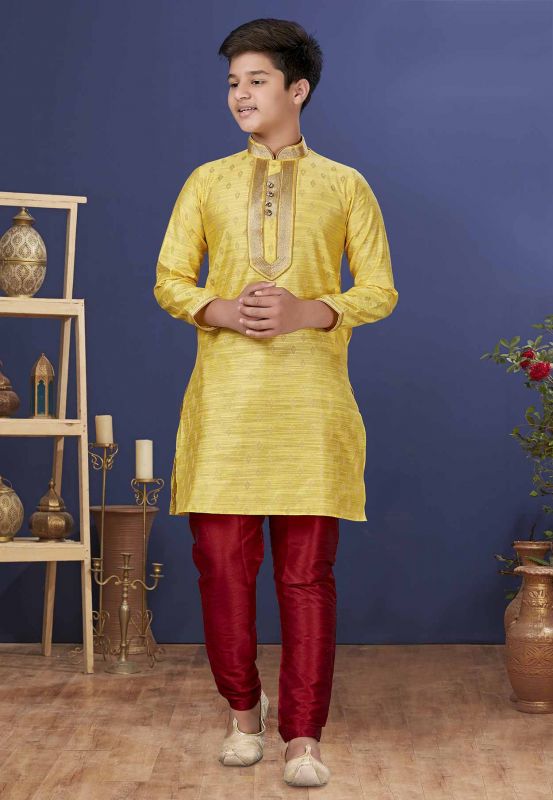 Jacquard Silk Boys Readymade Kurta Pajama in Yellow Colour.