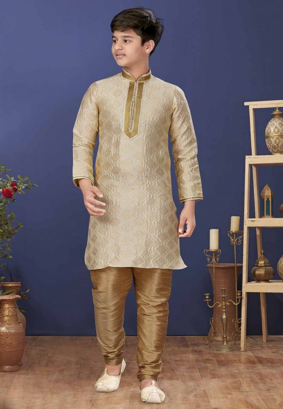 Cream,Beige Colour Jacquard Silk Boy's Kurta Pajama.