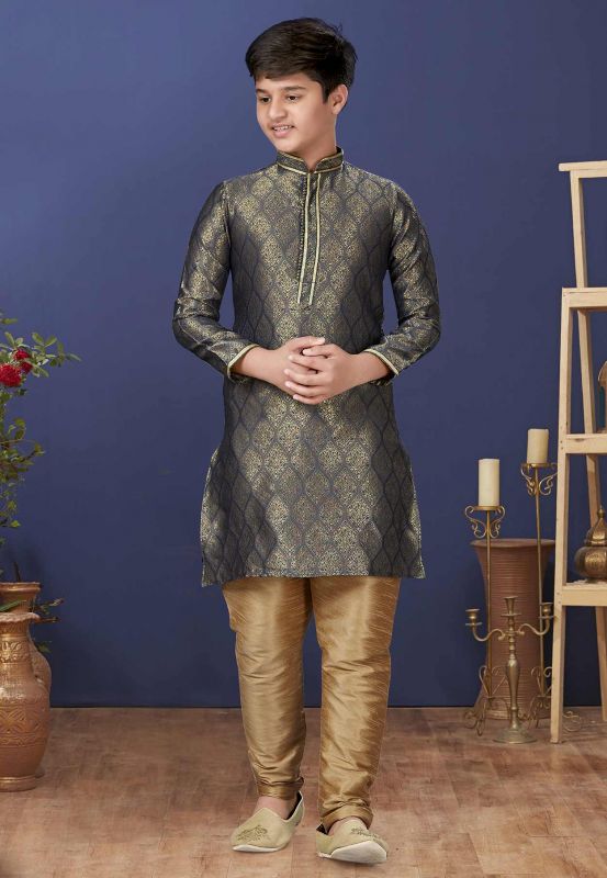 Grey,Golden Colour Jacquard,Silk Boys Kurta Pajama.