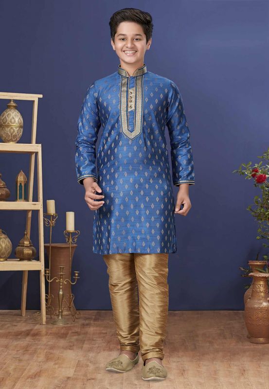 Blue Colour Jacquard,Silk Designer Boys Kurta Pajama.