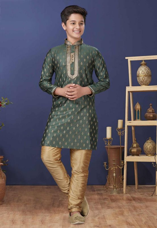 Green Colour Jacquard Silk Kids Boys Kurta Pajama.