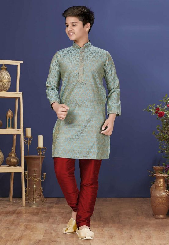 Sea Green Colour Jacquard Silk Boys Kurta Pajama.