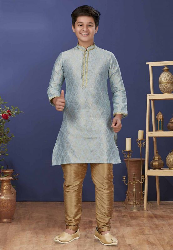 Sky Blue Colour Jacquard Silk Boys Kurta Pajama.