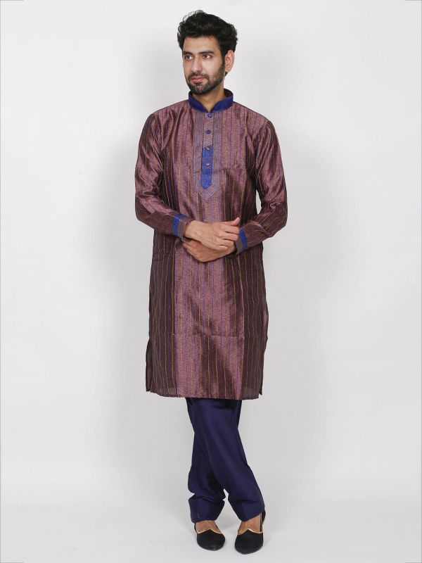 Purple Colour Silk Fabric Mens Kurta Pajama With Thread Work.