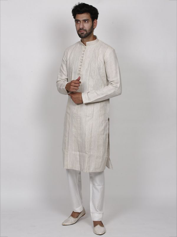 Elegant Off White Colour Linen Fabric Men's Kurta Pajama.