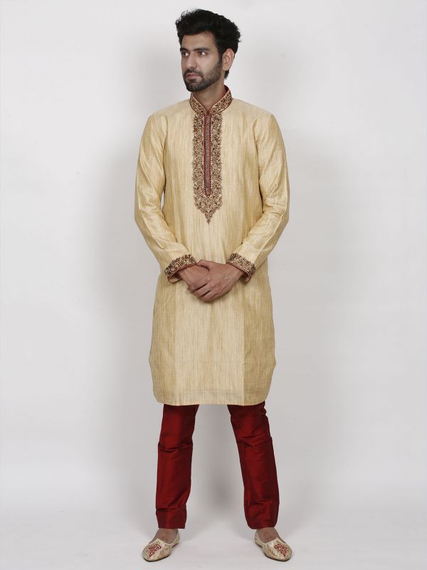 Golden Colour Traditional Kurta Pajama in Silk Fabric.