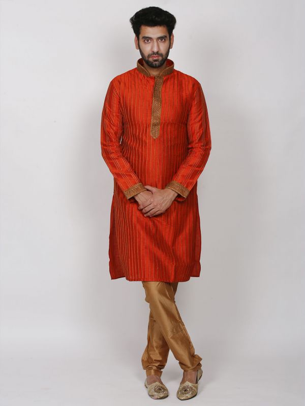 Rust Colour Dupion Silk Men's Kurta Pajama.