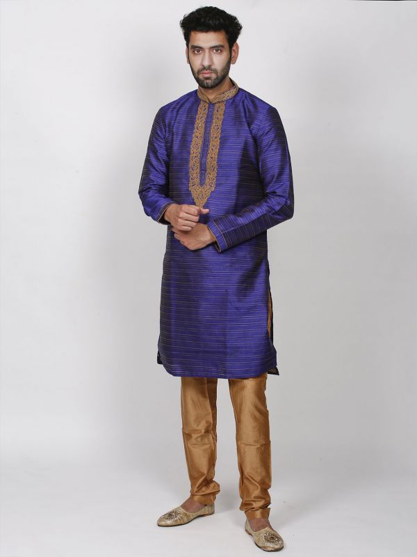 Men's Designer Kurta Pajama Blue Colour in Dupion Silk Fabric.