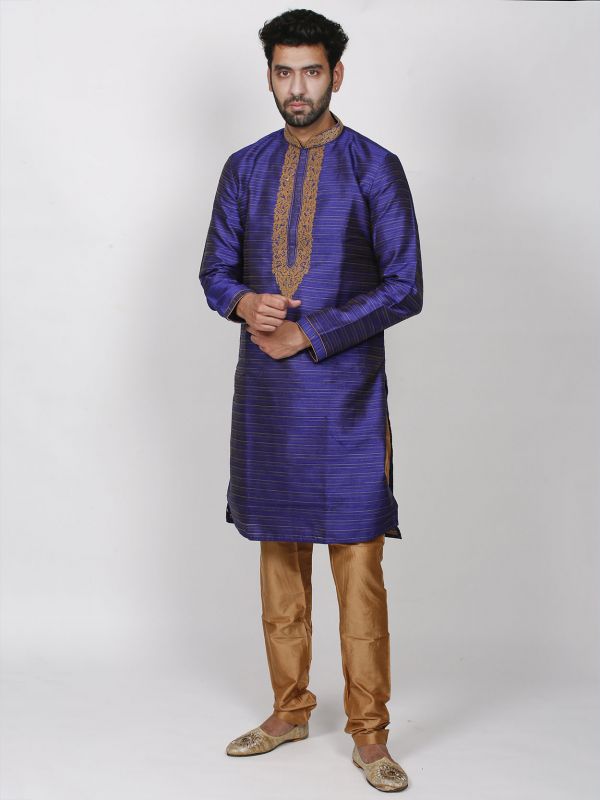 Men's Designer Kurta Pajama Blue Colour in Dupion Silk Fabric.