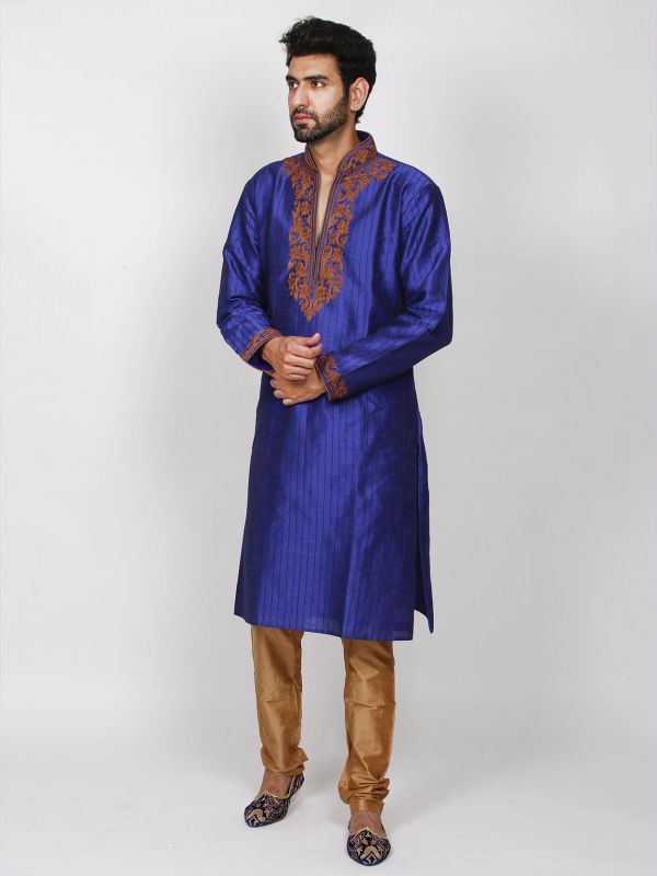 Blue Colour Dupion Silk Men's Kurta Pajama.