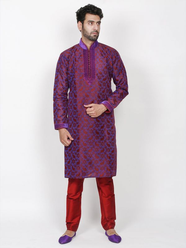 Purple Colour Brocade Fabric Party Wear Kurta Pajama.