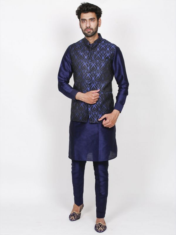 Blue Colour Silk Men's Kurta Pajama Jacket.