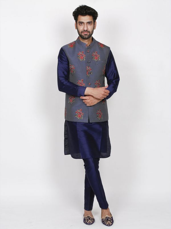 Blue Colour Imported Fabric Designer Kurta Pajama Jacket.