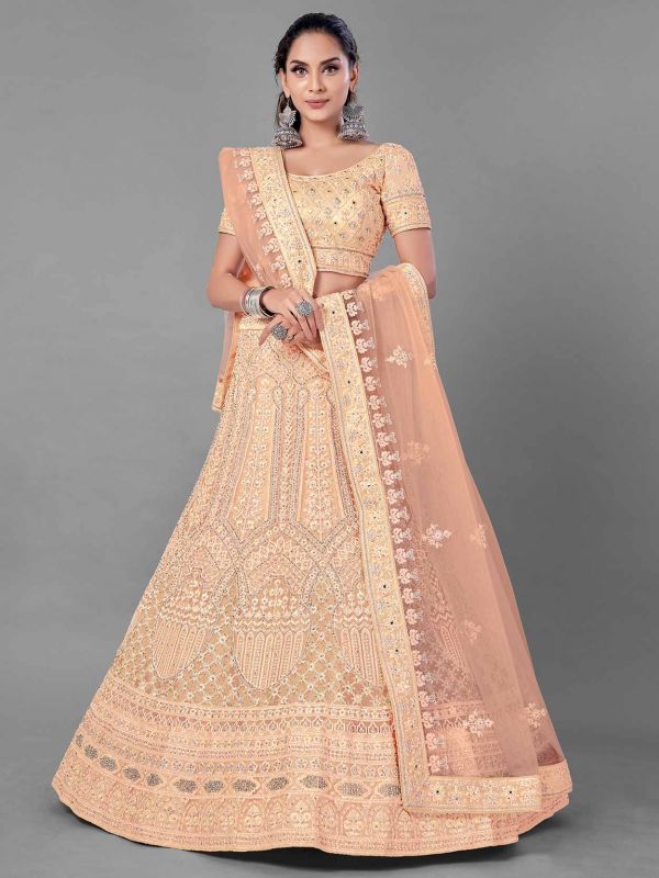 Net Fabric Women Lehenga Choli in Peach Colour.
