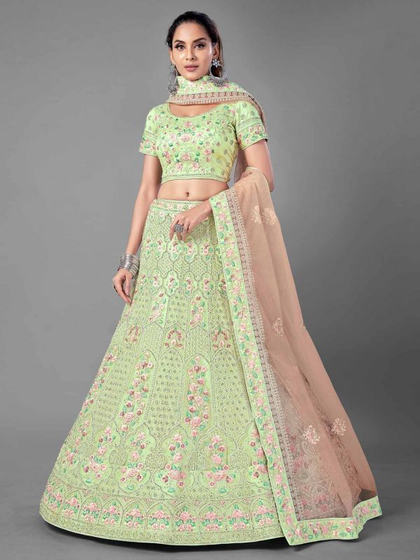 Pista Green Colour Net Fabric Indian Designer Lehenga.