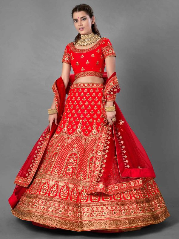 Red Colour Satin Fabric Bridal Lehenga Choli.