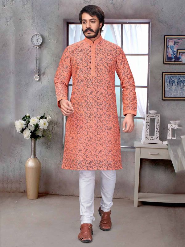 Peach Colour Jacquard,Silk Fabric Readymade Kurta Pajama.