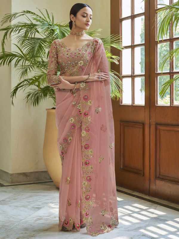 Peach Colour Organza Fabric Party Wear Saree.