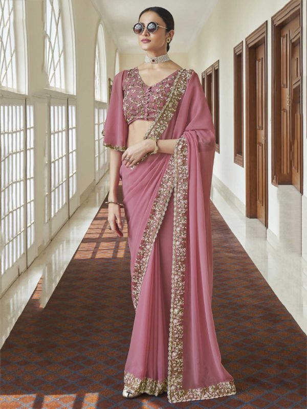 Pink Colour Georgette Fabric Indian Wedding Saree.
