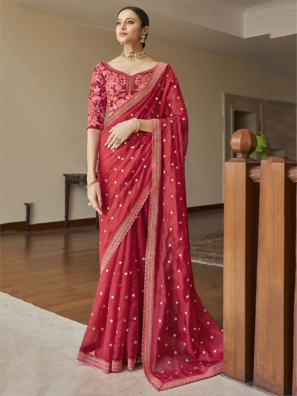 Pink Colour Organza Fabric Designer Bridal Saree.