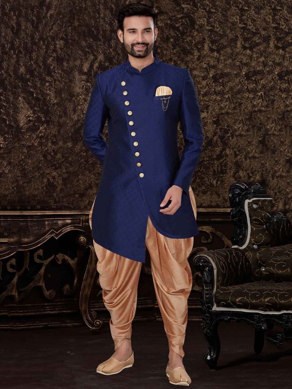 Blue Colour Jacquard,Silk Fabric Men's Indowestern.