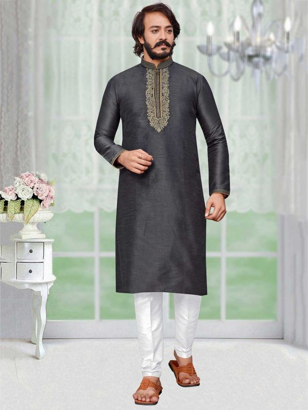 Dark Grey Colour Art Silk Kurta Pajama.