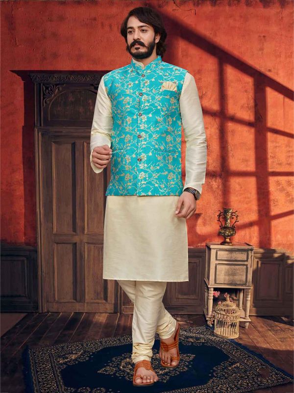 Cream,Turquoise Colour Readymade Kurta Pajama Jacket.