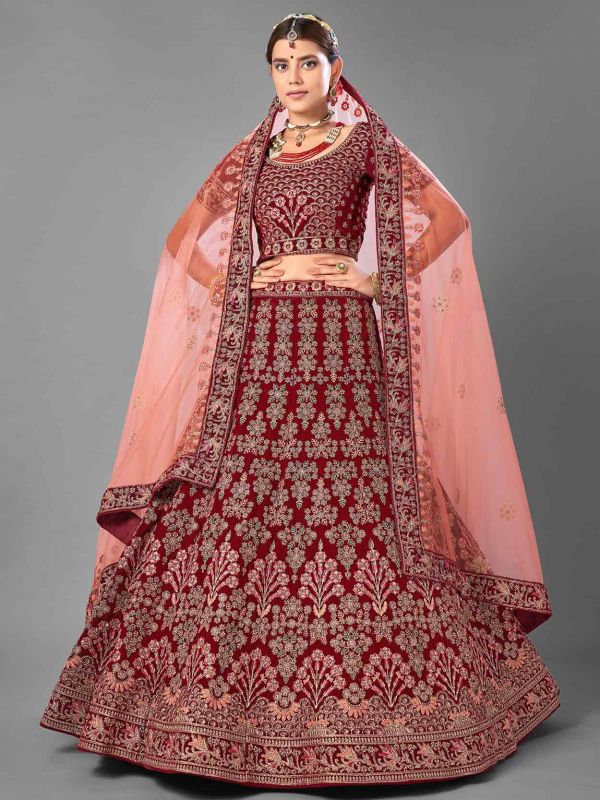 Bridesmaid Lehenga Choli Maroon Colour Velvet Fabric.