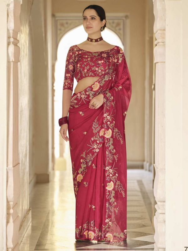 Stylish Designer Saree Red Colour Organza Fabric.