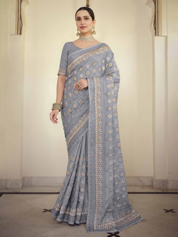 Grey Colour Satin,Georgette Fabric Party Wear Saree.