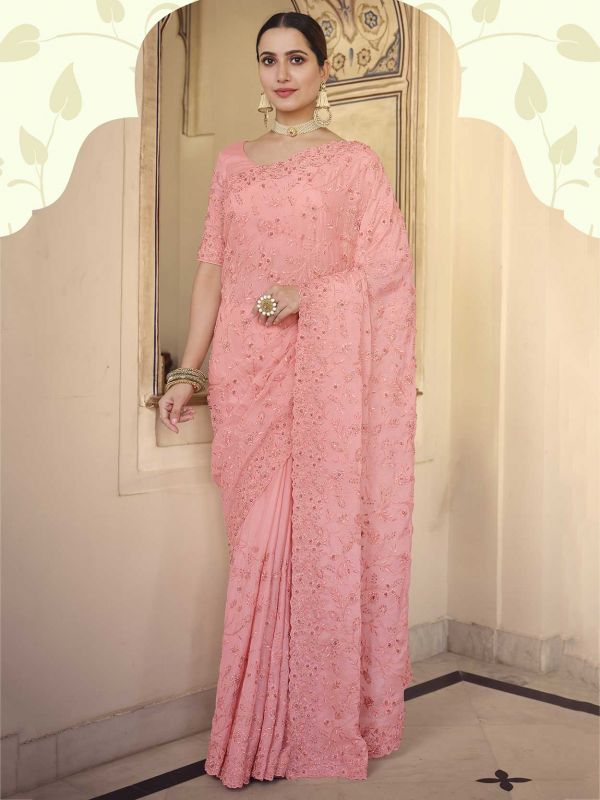 Pink Colour Chiffon Fabric Designer Saree.