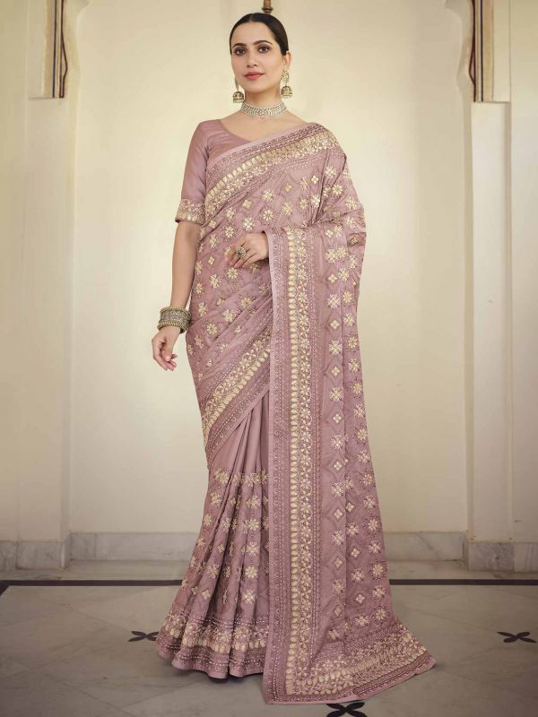 Purple,Pink Colour Satin,Georgette Fabric Designer Saree.