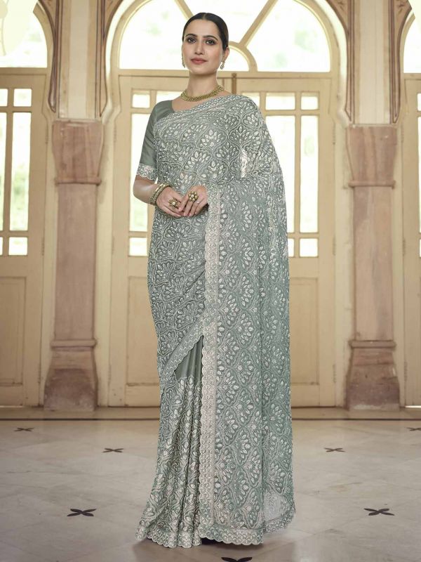 Mint Green Colour Chiffon Fabric Designer Saree.