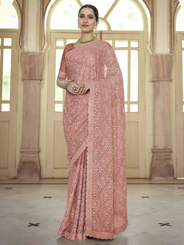 Peach Colour Chiffon Fabric Designer Women Saree.