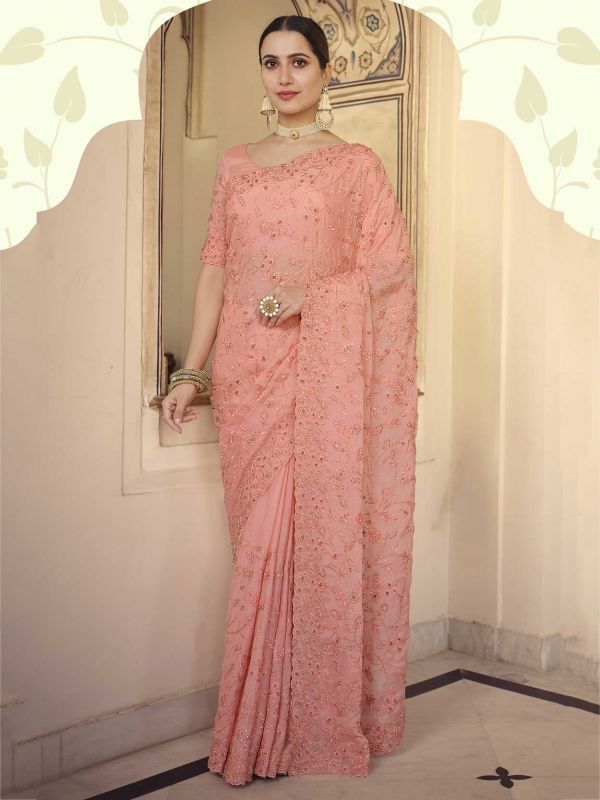 Peach Colour Chiffon Fabric Women Saree.
