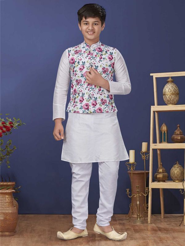 Off White Colour Dupion Silk Boy's Kurta Pajama Jacket.