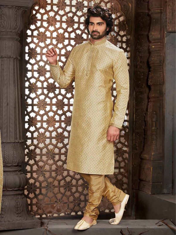 Golden Colour Dupion Silk Fabric Indian Designer Kurta Pajama.